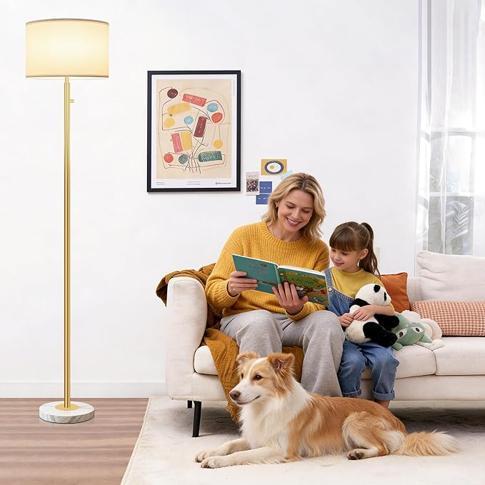 Gold Floor Lamps for Living Room–LED Bulb Included,Dimmable Floor Lamp with Linen Shade,Modern Standing Lamp with Marble Base,Tall Floor Lamp for Bedroom,Nursery,Reading & Office