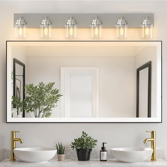 IZORRO Bathroom Vanity Light Fixture, 6-Light 46 Inch Brushed Nickel Bathroom Light Fixtures Over Mirror, with Clear Glass Shade, Modern Farmhouse Vanity Lights, Rustic Restroom Lighting Fixtures