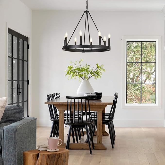 8 Lights Farmhouse Wagon Wheel Chandelier, D24" Black Round Chandeliers for Dining Room, Modern Industrial Kitchen Island Pendant Light Fixtures for Foyer Living Room Entryway Bedroom, E12 Socket