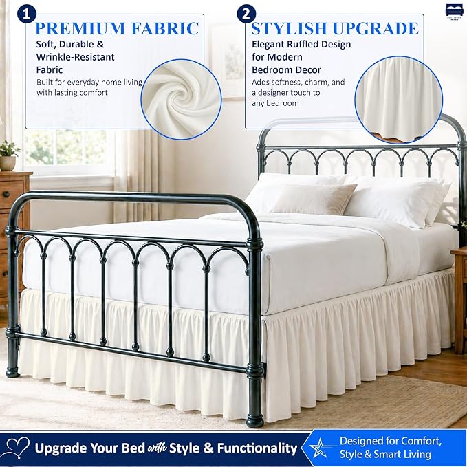 Cottingon Ruffled Bed Skirt with Split Corners-Dust Ruffle - 12" Drop 100% Microfiber Soft,Sheen & Luxurious Look - Bed Skirts (Ivory -Queen)