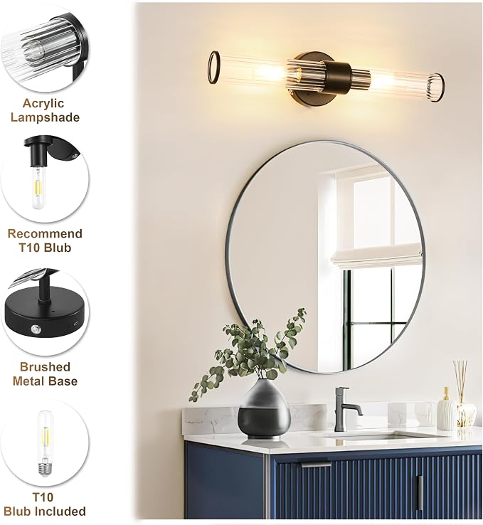 Morauroral Black Battery Operated Wall Sconces Set of 2, Rechargeable Wall Lights with Remote, 20 Inch Modern Wireless Wall Lamp for Bedroom, Living Room with Clear Glass Shade (Bulbs Included)