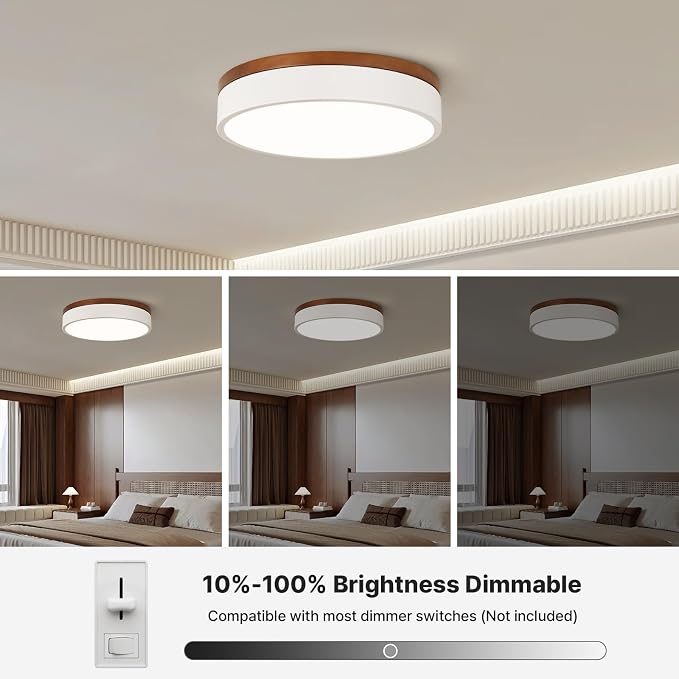 12" Minimalist White and Walnut Wood LED Flush Mount Ceiling Light | Natural Wood Accent, Integrated LED, 5CCT Before Installation, Slim Low-Profile Design, Minimalist Modern Style, Compact Size