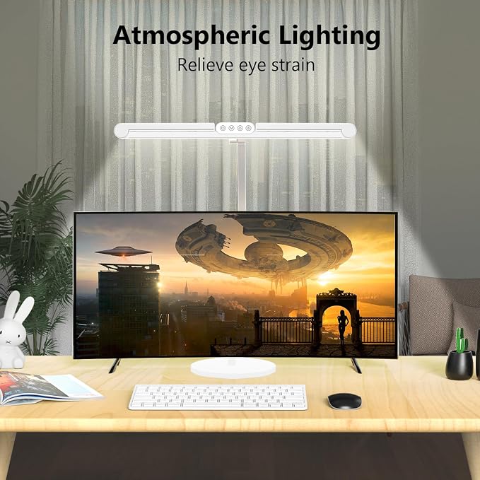 Led Desk Lamp with Atmosphere Lighting, Rotatable Tall Architect Desk Lamp for Home Office with Swing Arm, 24W Bright Auto Dimming Adjustable Computer Light with Base for Table