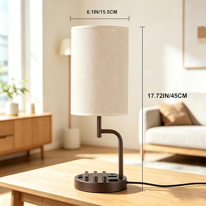 Dreamholder 2 Pack Table Lamp, Bedside Lamp with 3 USB Charging Ports & AC Outlet, USB Desk Lamp with 2 Phone Holders, Linen Fabric Shade Nightstand Lamps for Bedroom Living Room Office, Dark Brown