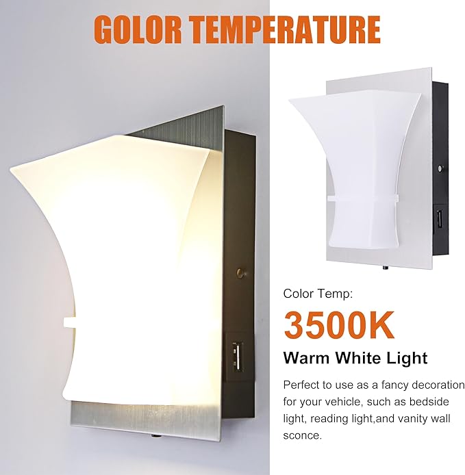 Facon LED 12V Wall Sconce with Fast USB Charger (5V/2.4A) – Modern RV Bedside Reading Light & Decorative Vanity Light for RV, Camper, Boat, Tiny Homes