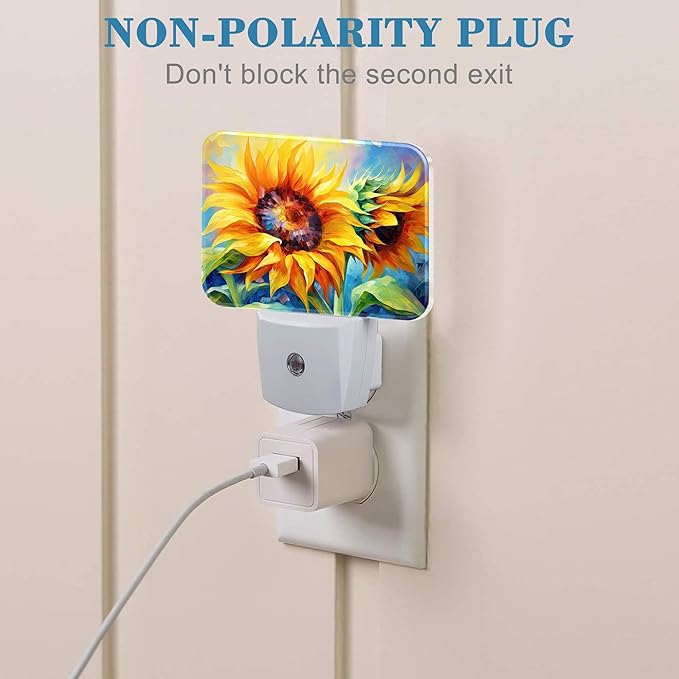 Sunflower Modern Art Painting Plug in Night Lights, Sunflower Nightlight Plug Into Wall Dusk to Dawn Sensor for Kid Girls Boys Women Men Bedroom, Hallway, Kitchen, Bathroom, Stairs Decor