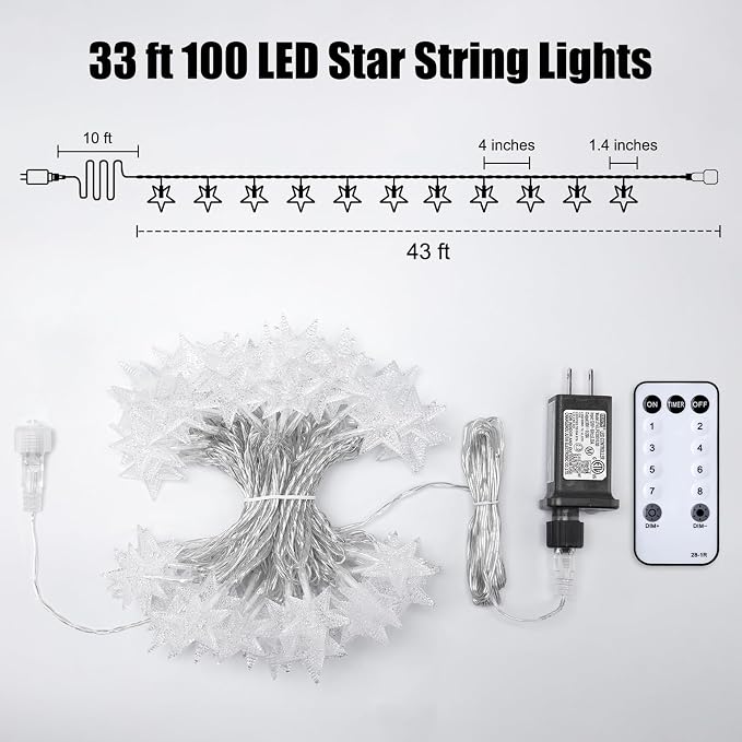 Minetom 33ft Plug in Star String Lights with Remote, White | Remote and Timer, Waterproof for Bedroom Tent Loft Bed Window Backyard Patio Porch Balcony Staircase Party Decor