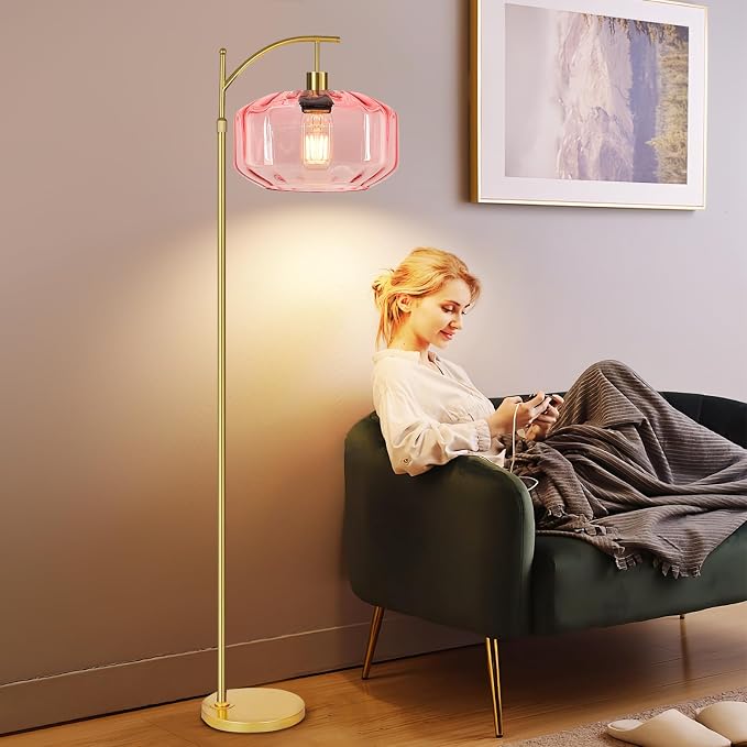 Gold Floor Lamps for Living Room Bedroom,Glass Floor Lamp with Remote Control & Pink Lampshade,Arc Dimmable Floor Lamp Mid Century Modern Standing Lamp Vintage Tall Floor Lamps for Bedroom Corner