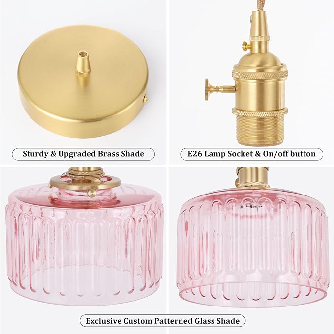 Shenmoyl Pendant Light with Pink Striped Glass Lmapshade, Brass Vintage Pendant Light Adjustable Hanging Light for Kitchen Island Dining Room Hallway