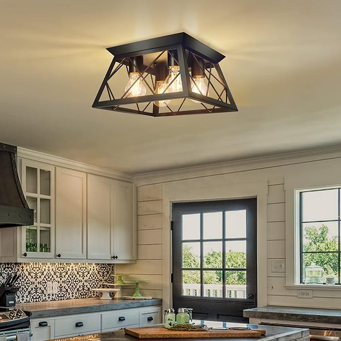 FadimiKoo 4-Light Black Flush Mount Ceiling Light for Kitchen Hallway, Industrial Close to Ceiling Lighting, Farmhouse Square Cage Lamp for Dining Room, Living Room, Bulb Not Included