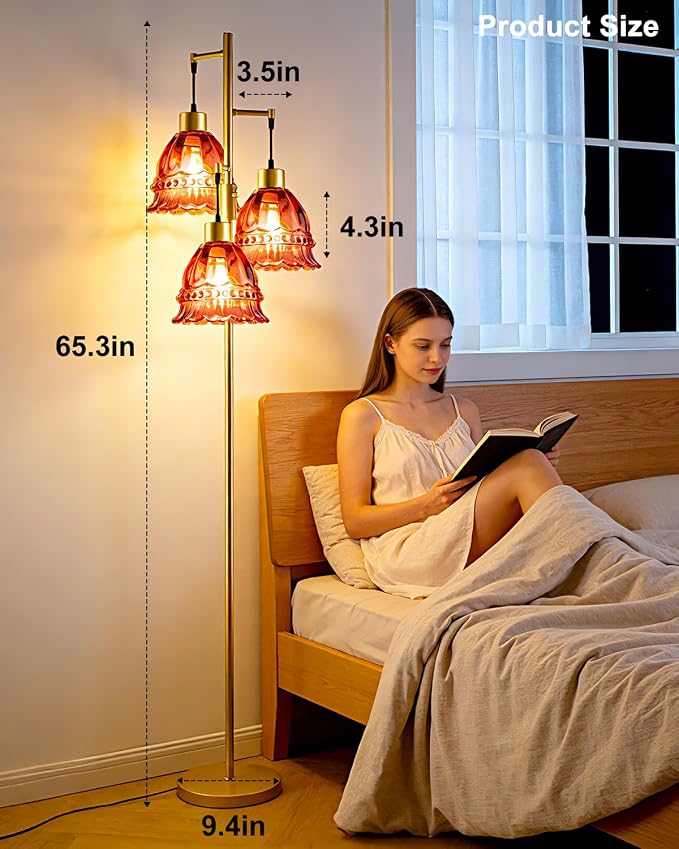 Lightdot 3-Lights Glass Floor Lamp Dimmable Gold Floor Lamp with Deep Red Glass Shade 3000K Bulbs Included Unique Modern Standing Tall Lamp with 5Lbs Heavy Base for Living Room/Bedroom/Sofa Beside