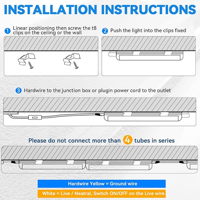 CNSUNWAY 4FT LED Shop Lights, 50W 7500LM D Shape, ETL Listed 8 Pack | 6500K Daylight White, plug-and-play T8 integrated design with clear cover and linkable setup for garages and workshops.