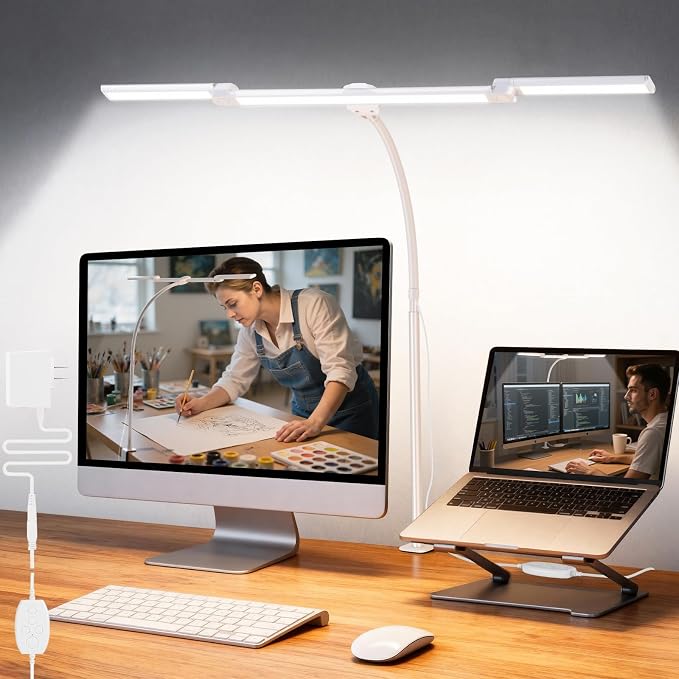 LED Desk Lamp for Office Home, 3 Light Bar Adjustable Desk Light with Clamp | Architect Table Lamp Computer Monitor Lighting, Stepless Dimming Eye-Caring Clip on Light for Workbench Reading Study White
