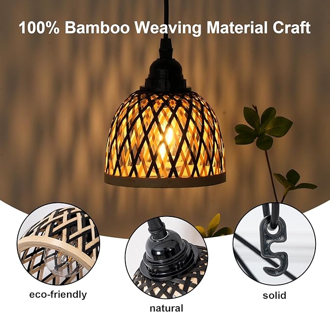 2 Pack Bamboo Chandelier/Dimmer, Waterproof Outdoor Pendant Light for Patio/Gazebo, Hand-Woven Boho Style, Battery Operated (No Wiring)
