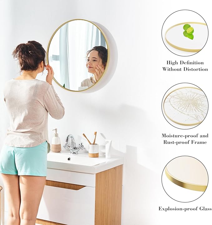 NEWBULIG Gold Round Wall Mirror 28 Inch, Bathroom Mirrors for Over Sink, Wall Decor for Bathroom, Entryway, Bedroom, Vanity