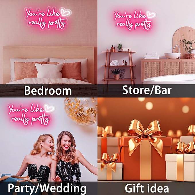You're Like Really Pretty Neon Sign Your Like Really Pretty Neon Light with Heart Wall Decor for Teen Girls Bedroom, 16x8 Inch Preppy Pink LED Signs for Women Room Decor - 100,000H Lifespan
