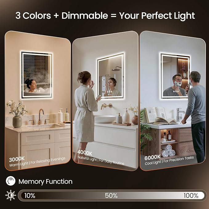 24x32 LED Bathroom Mirror with Anti-Fog, Backlit & Front Lit, Memory | Stepless Dimmable 3 Color CRI 95+ Shatterproof Tempered Glass ETL Listed for Safety Lighted Bathroom Vanity Mirror for Wall