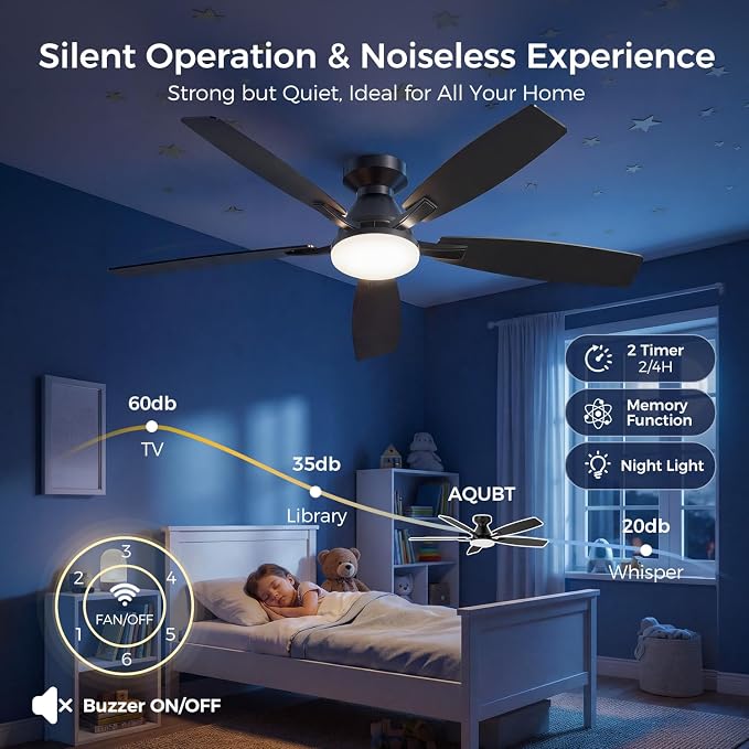 52 Inch Ceiling Fans with Lights, App & Remote Control, Quiet Reversible DC Motor, 6 Speeds, Dimmable 3CCT LED Light, Low Profile Flush Mount Ceiling Fan for Bedroom Living Room, Black