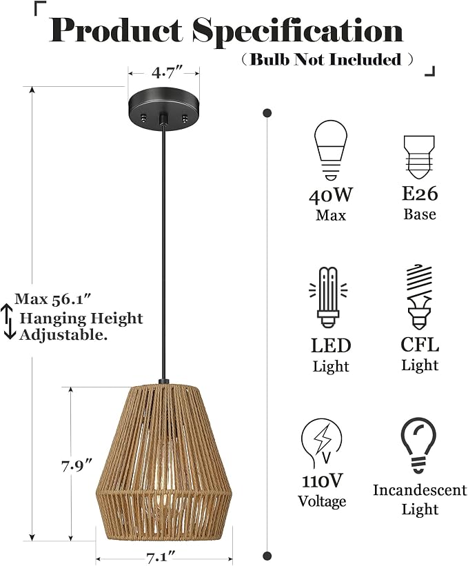 ELYONA Boho Woven Pendant Lights 7” Rustic Rattan Hanging Lamp Adjustable Handwoven Basket Shade, Japandi Pendant Light Fixtures for Kitchen Island, Dining Room, Bedroom, Farmhouse Bar, Foyer Hallway