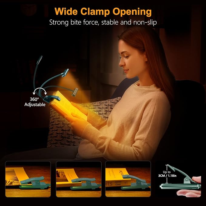 Gritin 19 LED Rechargeable Book Light for Reading in Bed | Eye Caring 3 Color Temps,Stepless Dimming Brightness,Memory Function,90 Hrs Runtime Lightweight Clip on Light-Blackish Green