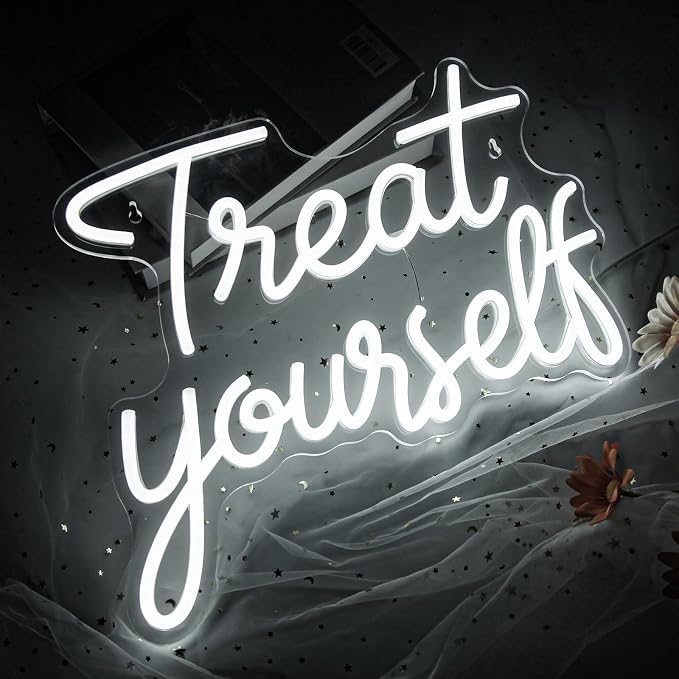 Treat Yourself Neon Sign LED Neon Sign for Wall Decor Bedroom Office Vanity | Dimmable LED Treat Yourself Sign for Beauty Salon, Boutique, Makeup Room, Dorm, Bedroom, Party, Vanity & Teen Girls Room