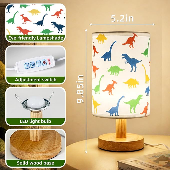Dinosaur Kids Table Lamp for Bedroom Boys Bedside Lamps,3 Colors Dimmable Dinosaur Nightstand Night Light with Cartoon Lampshade Desk Lamp for Girls Boys Room Nursery Decor Dino Birthday Gifts for Boy