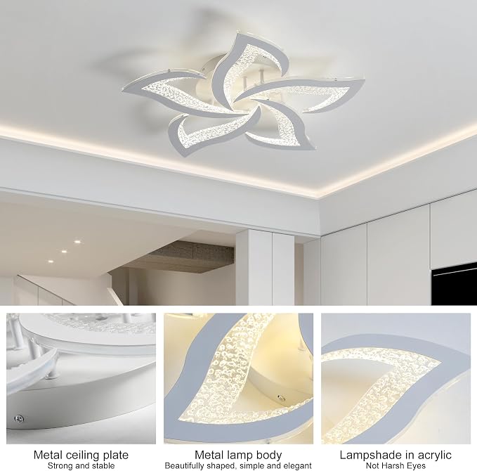 Garwarm 23" Modern Dimmable Flower LED Ceiling Light with Remote, White | Low Profile Flush Mount Ceiling Light Fixture,3000K-6500K with Memory for Bedroom, Living Room, Dining Room, Kitchen, Hallway