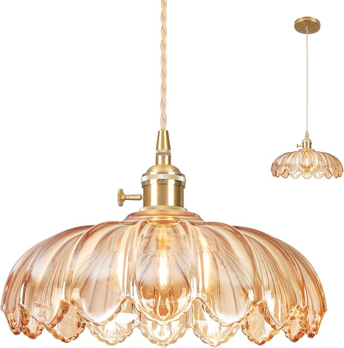 Pendant Lights Kitchen Island,Amber Glass Vintage Light Fixtures,9.8inch E26 Adjustable Hanging Light Flower Finish Ceiling Hanging Lamp for Bedroom Living Room Hallway 1 Light
