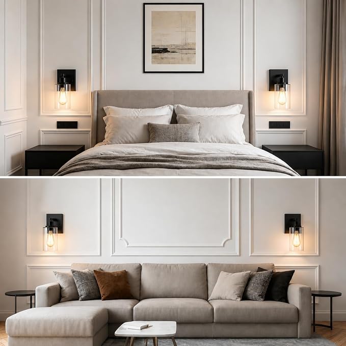 Wall Sconces Set of Two Matte Black Vanity Lights for Bathroom Indoor | Modern Wall Light Fixtures, Sconce Lights with Clear Glass, Farmhouse Lamp for Bedroom, Living Room, Mirror, Hallway E26 Base