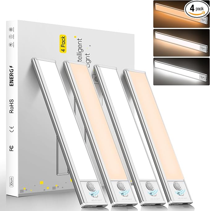 7.9 inch Under Cabinet Lighting, 4 Pack Magnetic Closet Lights | 1400mAh with Motion Sensor, 34 LED, 3 Color Temperature, USB-C Charging, Durable and Easy-to-Install