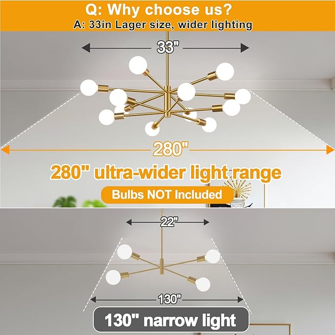 33" Modern Chandelier Ceiling Light Fixture, 12-Light Sputnik Chandeliers Brushed Gold Mid Century Chandelier Over Table, Height Adjustable Chandeliers for Dining Room Living Room (Bulbs Not Included)