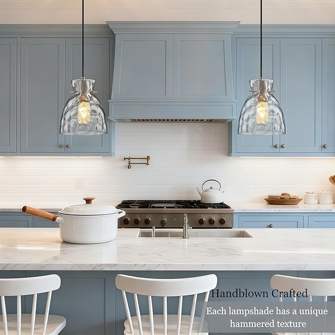 Hammered Glass Pendant Lights Kitchen Island, 5.9“ Small Brushed Nickel Pendant Light Fixtures, Adjustable Modern Hanging Lights Kitchen Pendant Lighting over Island Sink Bathroom Dining Room Bedroom