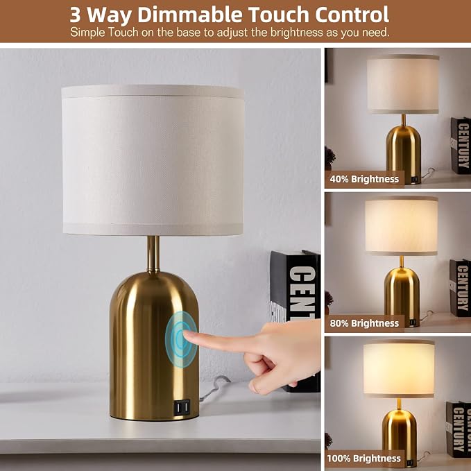 Touch Control Table Lamps Set of 2, Gold Bedside Table Lamps for Bedroom Living Room Office, Modern Dimmable Desk Lamp for Nightstand with 2 USB Charging Ports, 2 Bulbs Included