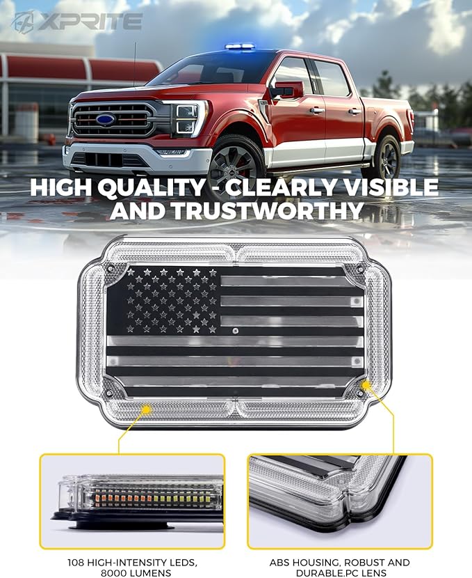 Xprite 108 LED Roof Top Strobe Light, US Flag Pattern Police Flashing Light, Emergency Hazard Warning LED Mini Strobe Lightbar w/Magnetic Base for Police Firefighter EMS Vehicles Trucks, Blue White