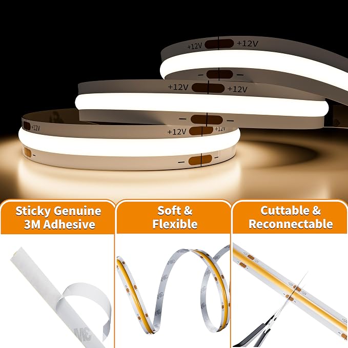 PAUTIX COB LED Strip Natural White 4000K DC12V, 18Ft/5.5M 2772LEDs CRI90+ Flexible LED Tape Lights for Cabinet Engineering Home DIY Lighting Project with 8mm COB Connector(Power Supply Not Included)