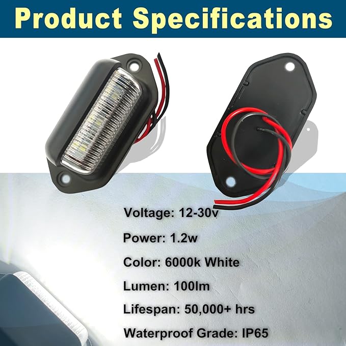 4PCS Xenon White LED License Plate Light, 12V-24V DC Waterproof 6-SMD License Plate Lamp Taillight, For Truck SUV Trailer Van RV Boats as Step Courtesy Light, Dome/Cargo Lights or Under Hood Light