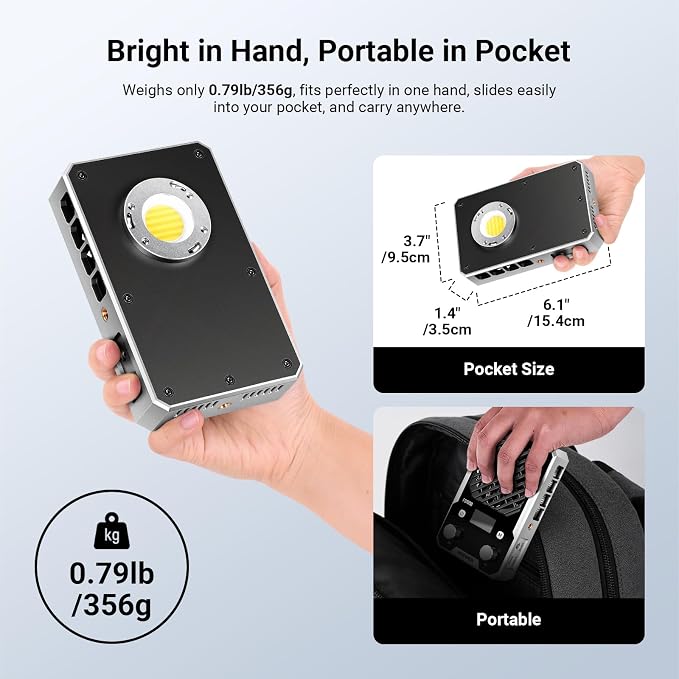 NEEWER 100W Ultra Compact LED Video Light APP/Panel Control, Pocket Size Bi Color COB Continuous Output Lighting with 4 Dimming Curves/2700K-6500K/CRI96+ for Studio Photography Recording, FS100B