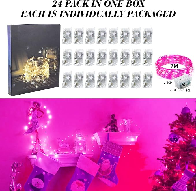 ZGWJ 24 Pack Pink Fairy Lights, Mini String Lights | Battery Operated 7 FT 20 LED Waterproof 3 Modes for DIY, Parties, Wedding, Halloween, Christmas Decoration