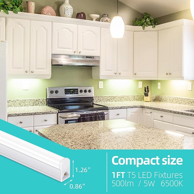 Under Cabinet Lighting for Kitchen 1FT 5W 500lm LED 6500K 2 Pack | Under Cabinet Lights and T5 Linkable LED Shop Light for Workbench, Closet, Corded Electric with Built-in ON/Off Switch