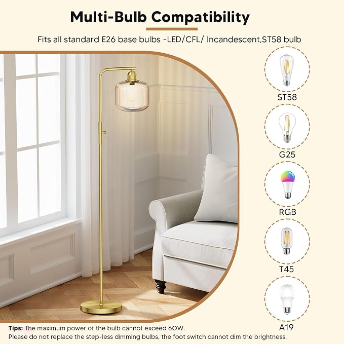 66" Dimmable Gold Standing Lamp with Champagne Ribbed Glass for Living Room | Vintage Floor Lamp with Brushed Gold, Stepless Rotary Switch and 3000K LED Bulb, Arc Floor Lamp for Bedroom & Study Room