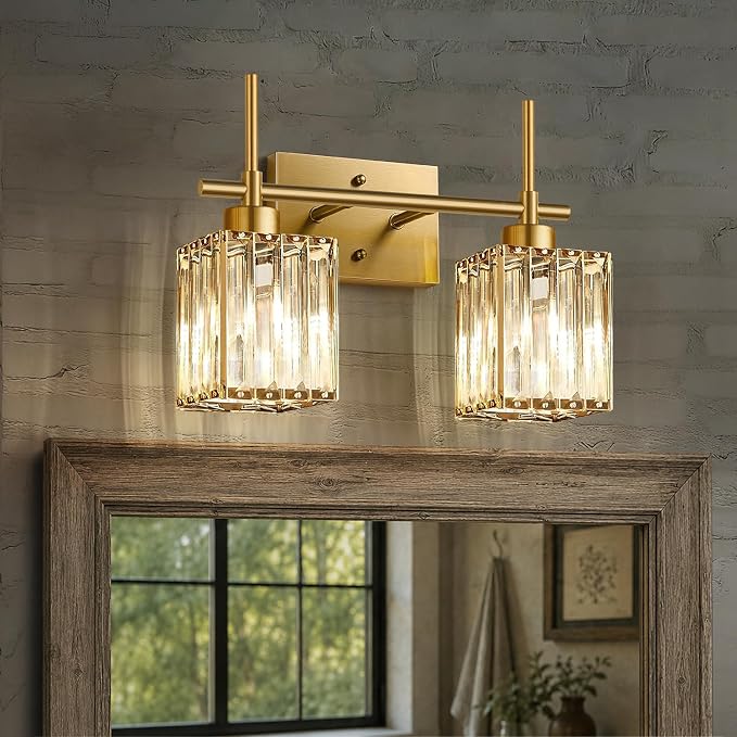 Torondo Modern Crystal Bathroom Vanity Light 2-Lights Brushed Gold Bathroom Light Fixtures Over Mirror Brushed Gold Vanity Lighting Fixtures Square Shade Wall Sconce (Bulbs Not Include)