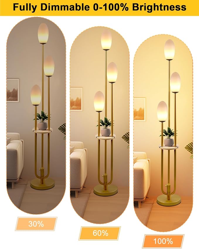 Lightdot Gold Dimmable Floor Lamp with Table, 63IN Mid-Century Oval Floor Lamps with Bulbs Included, 3-Lights Modern Tall Standing Lamp with 5Lbs Heavy Base for Living Room/Sofa Beside/Corner Decor