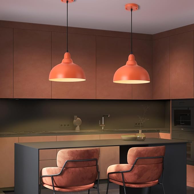 2 Pack 11.8" Orange Mid Modern Century Pendant Light ,MCM Orange Hanging Pendant Lights,Light Kitchen Island Dome Pendant Light, Modern Pendant Lights Dome Chandelier for Kitchen Island Dining Room