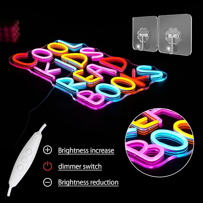 Cool Kids Read Books Neon Sign for Wall Decor Reading Letter LED Neon Lights Library Neon Light Sign Kids Room Library Classroom Reading Corner Decoration(16.5''*10.6'')