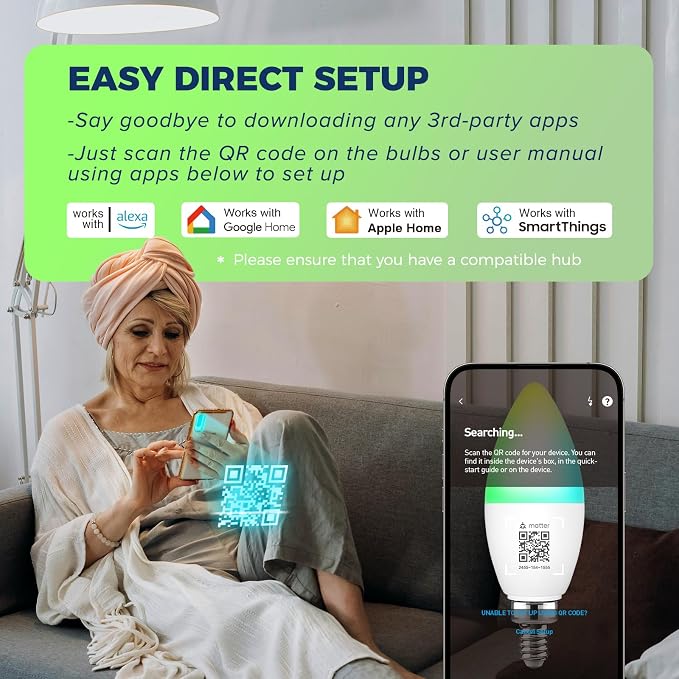 Matter Smart E12 LED Bulbs 60W, RGBCW Candelabra Light Bulbs | Compatible with Alexa/Apple Home/Google Home/SmartThings, 500LM 6W Candle Smart bulb ETL Listed 2.4G WiFi, Hub Required, 6PCS