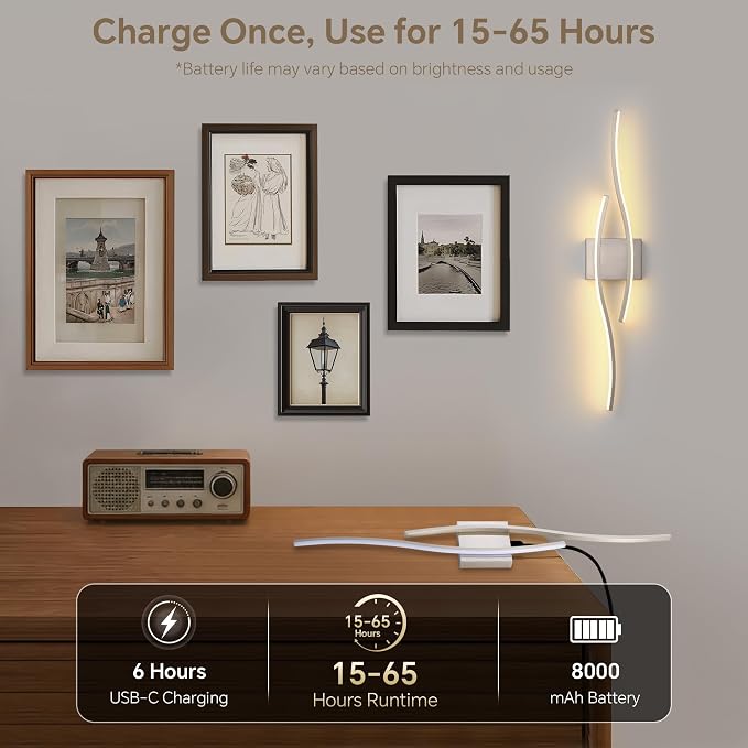 Battery Operated Wall Sconces Set of 2, Dimmable Modern LED Rechargeable Wall Light with Remote Control, Wall Decor for Living Room, Hallway, Quick Install, No Electrician Required 23.6 Inch