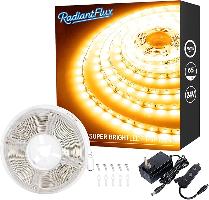 RadiantFlux Warm White Led Strip Lights for Bedroom, 65ft 1200Leds, Dimmable,Flexible, Super Bright LED Tape Lights for Living Room, Kitchen, Vanity Mirro （Indoor Use）