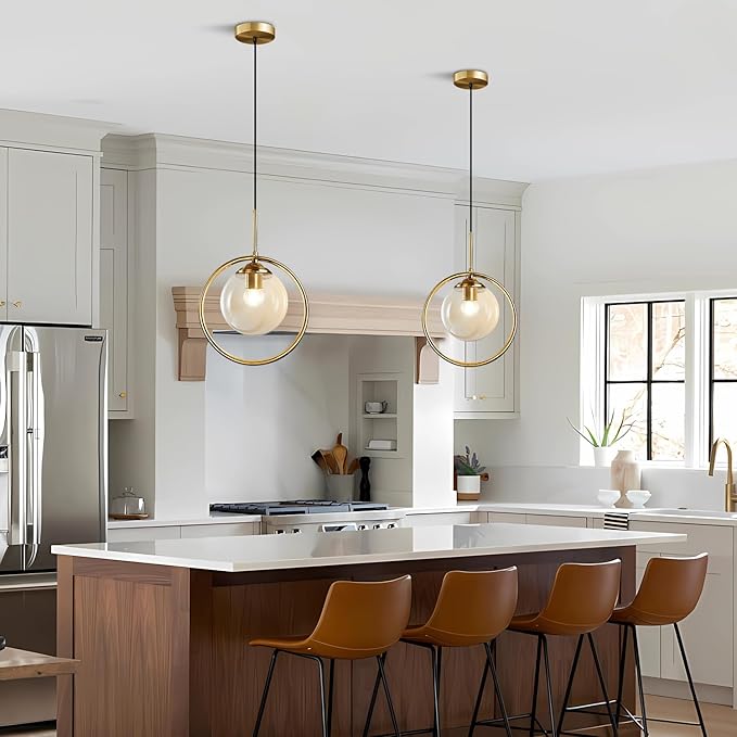 BOKT Modern 1-Light Globe Pendant Light Mid Century Amber Glass Ball Pendant Lighting Brushed Gold Single Round Circle Hanging Lamp Kitchen Island Dining Room Pendant Light Fixture