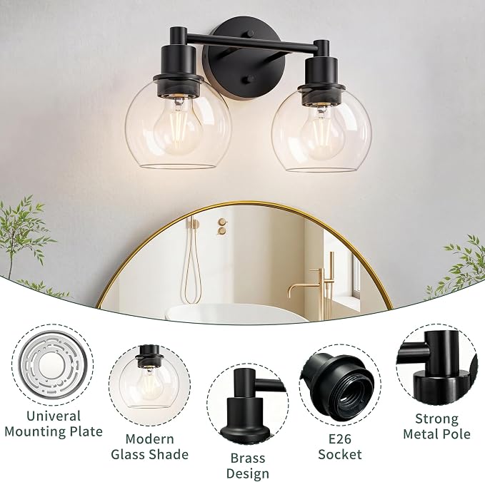 2 Light Bathroom Light Fixtures Black Vanity Lights, Farmhouse Bathroom Vanity Lights 2-Light Matte Black Globe Bathroom Vanity Lighting Fixture Over Mirror