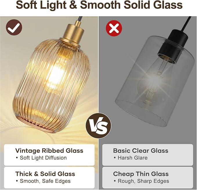 2 Pack Pendant Lights with Vintage Amber Ribbed Glass Lampshade, Adjustable Black and Gold Pendant Lights Fixtures for Kitchen Island Lighting Sink, Dining & Living Room Hallway (Bulbs Not Included)